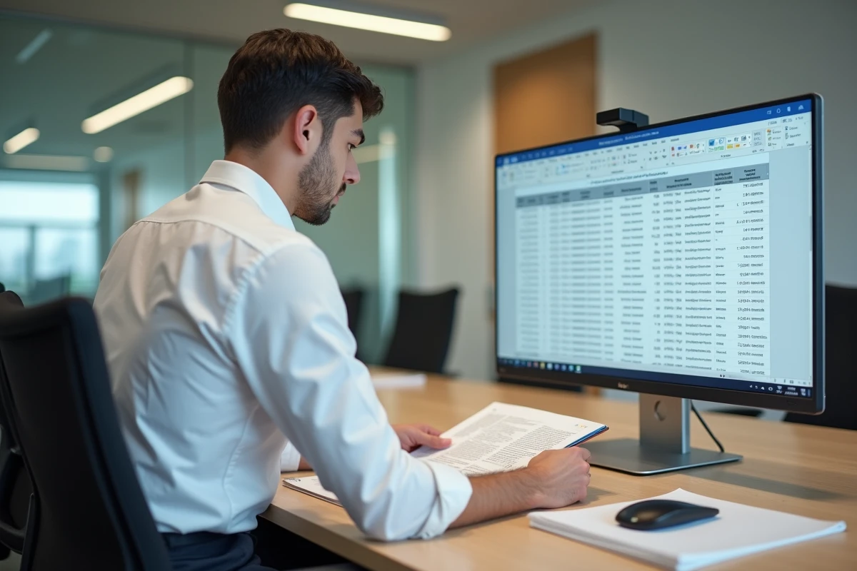 Jeune homme révisant un guide imprimé en travaillant sur Word