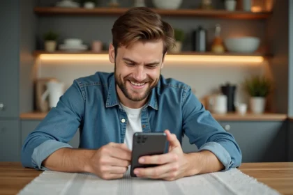 Jeune homme regardant un smartphone reconditionne dans la cuisine