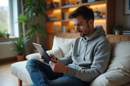 Jeune homme sur canapé utilisant une tablette pour streaming