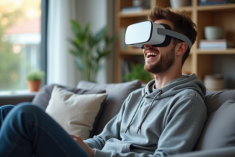 Jeune homme en hoodie essayant un casque VR dans un salon