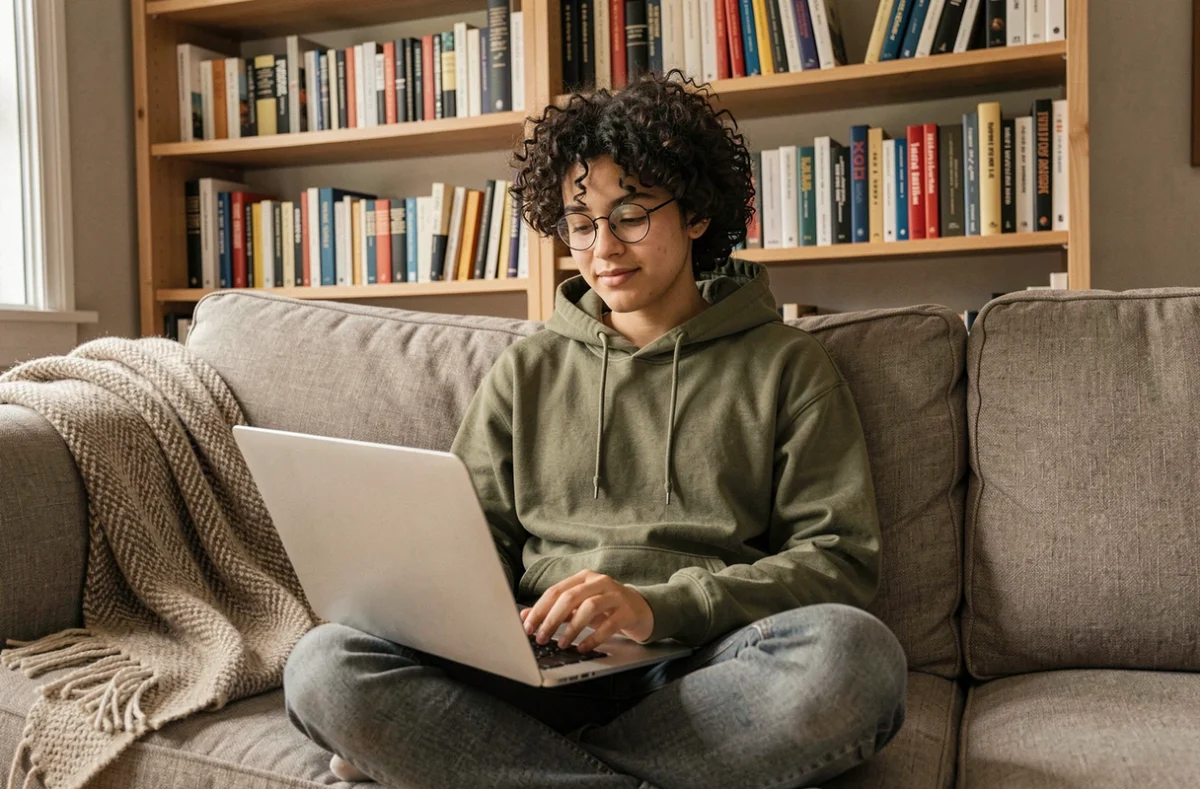 Jeune personne sur un canapé utilisant un MacBook avec clavier AZERTY pour saisir le tilde dans un environnement décontracté