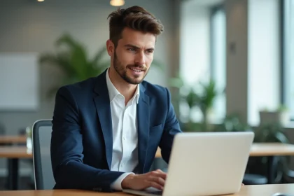 Jeune homme en blazer blanc travaillant sur son ordinateur dans un bureau moderne
