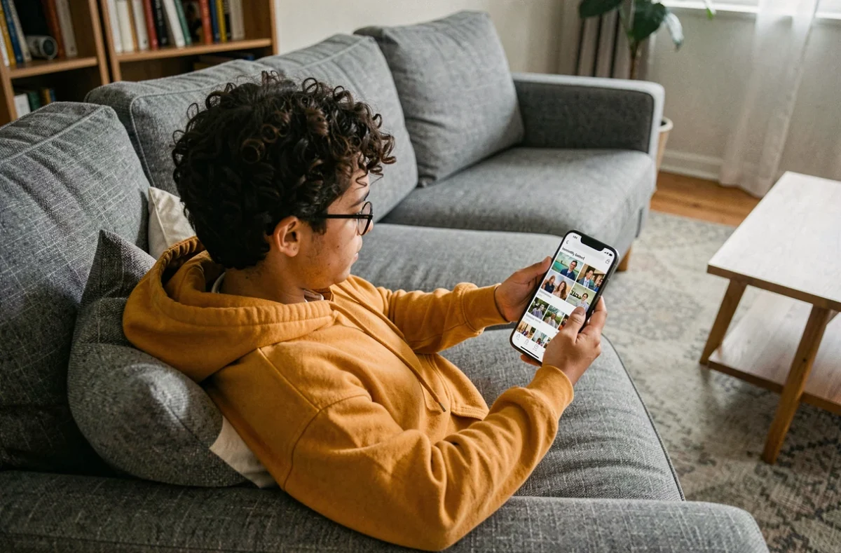 Jeune personne consultant le dossier des fichiers supprimés dans la galerie Samsung depuis un canapé
