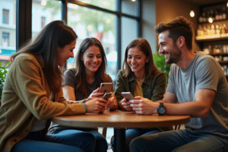 Groupe de jeunes adultes souriants avec smartphones dans un café