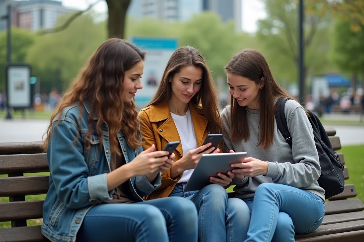 Groupe de jeunes adultes avec smartphones dans un parc urbain