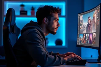 Homme jouant à des jeux en cloud gaming sur un grand écran incurvé dans un bureau gaming moderne