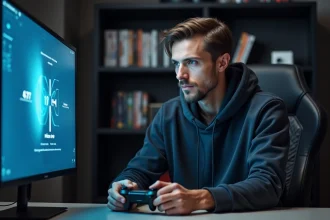 Joueur tenant une manette de console de jeu nouvelle génération devant un setup gaming moderne, illustrant le prix de la future Xbox 2026