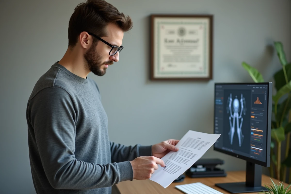 Juriste travaillant sur un plan de dissertation en droit avec une interface d'intelligence artificielle dans un bureau minimaliste