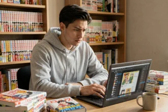 Jeune homme lisant des scans de manga sur un ordinateur portable entouré de volumes de manga physiques sur un bureau en bois