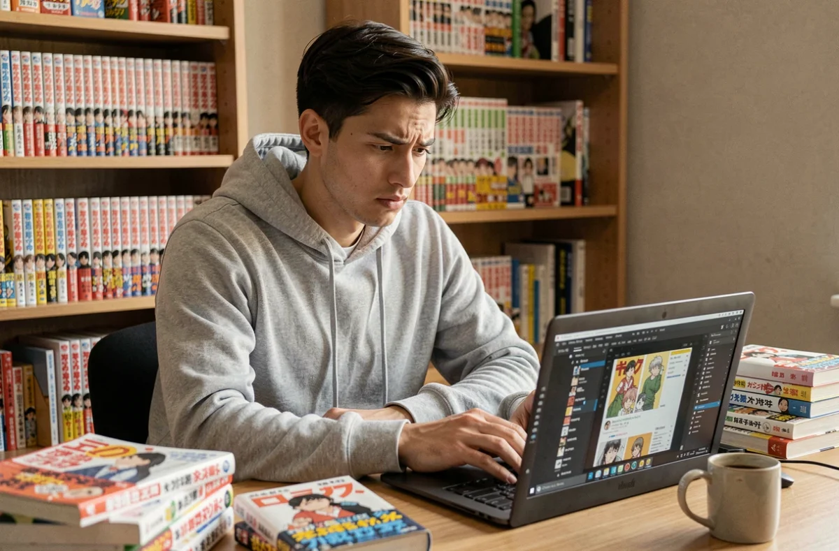 Jeune homme lisant des scans de manga sur un ordinateur portable entouré de volumes de manga physiques sur un bureau en bois