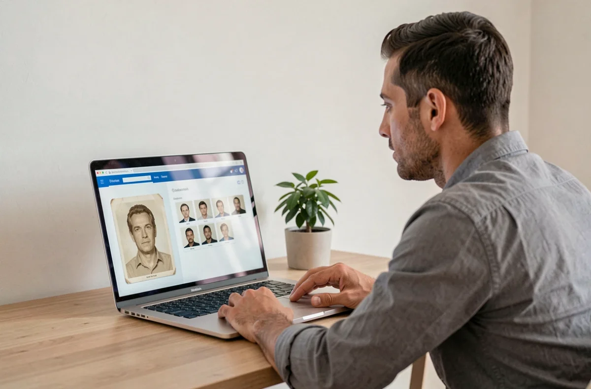 Homme utilisant un logiciel de reconnaissance faciale pour retrouver quelqu'un à partir d'une vieille photo