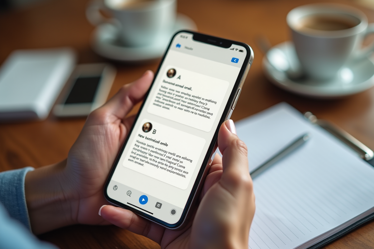 Main tenant un smartphone avec deux emails marketing A et B
