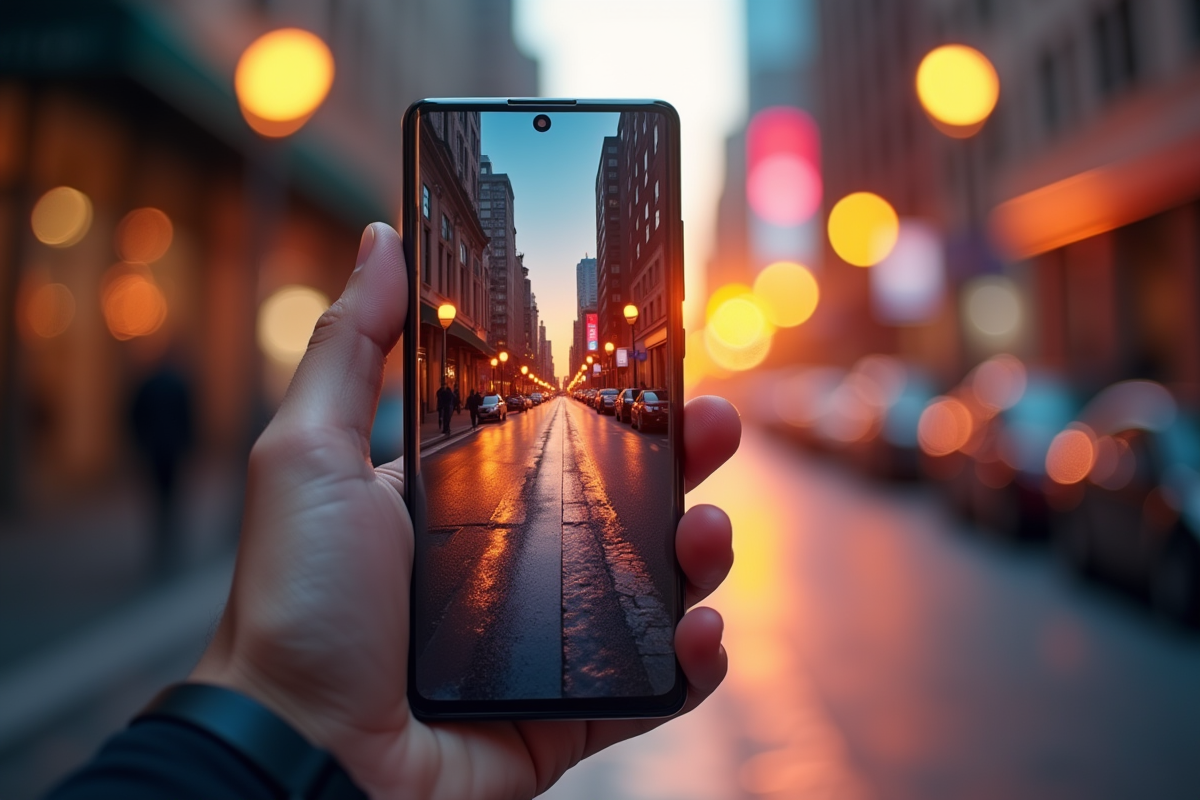 Main tenant un smartphone Samsung 2025 en ville au coucher du soleil