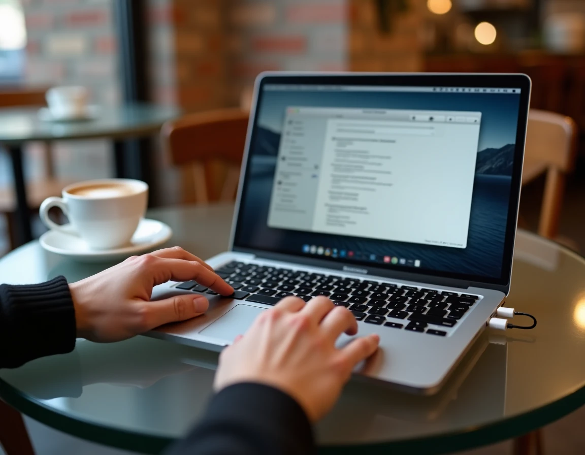 Gros plan sur des mains configurant un clavier mécanique QWERTY branché sur un MacBook Air dans un café urbain