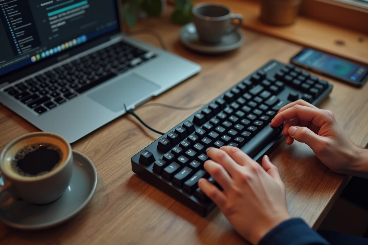 Mains sur un clavier mécanique avec un smartphone affichant les paramètres de configuration du clavier pour corriger le symbole arobase