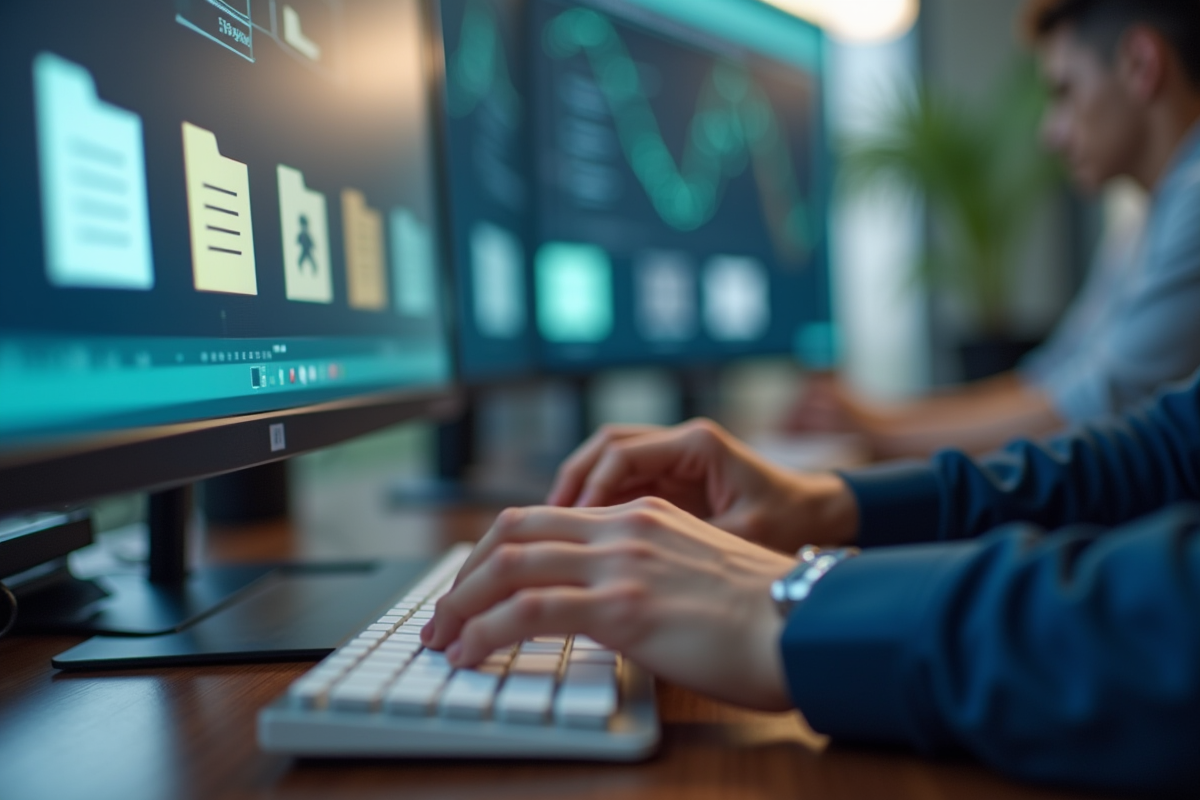 Mains tapant sur un clavier avec dossiers ouverts à l