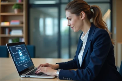 Professeure connectée à sa messagerie académique sécurisée sur un ordinateur portable dans un bureau universitaire