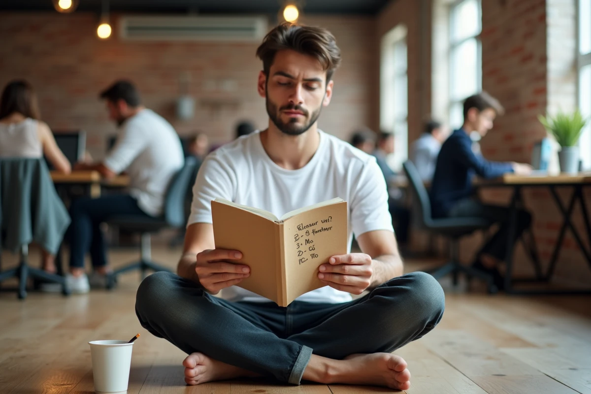 Jeune homme prenant des notes manuscrites sur la conversion d'octets dans un espace de coworking