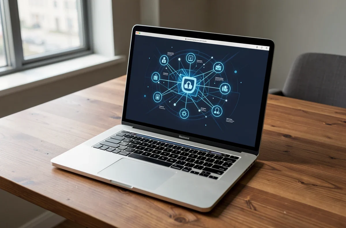 Ordinateur portable affichant une connexion sécurisée sur un bureau