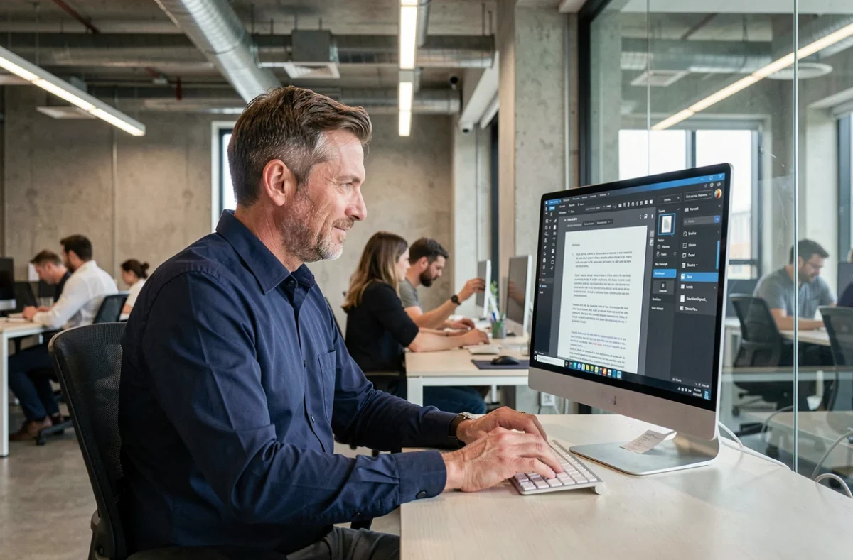 Homme supprimant des pages d'un fichier PDF avec un outil en ligne dans un espace de coworking moderne