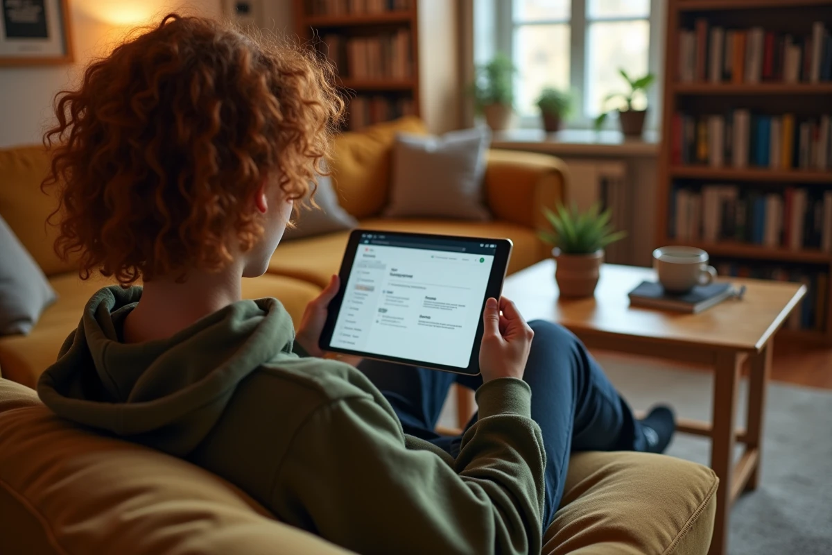 Jeune adulte gérant les paramètres de confidentialité Google Mon Activité sur une tablette dans un salon confortable