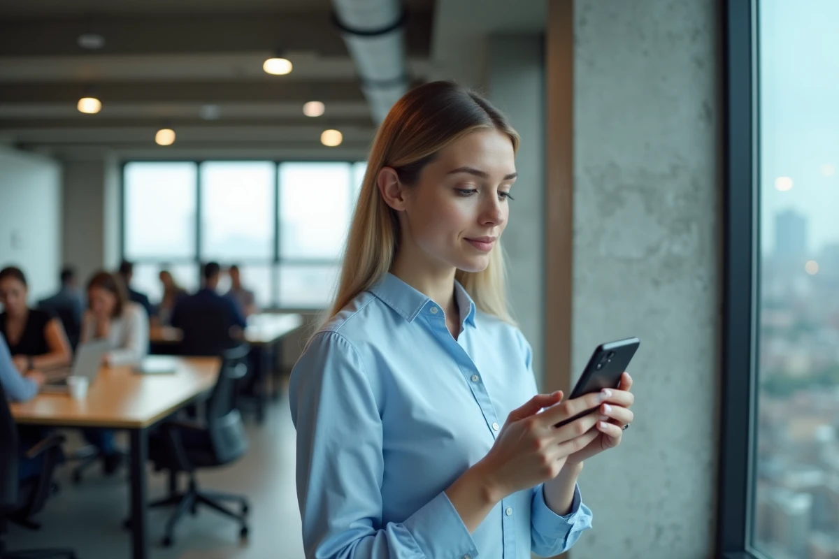 Femme en entreprise consultant les paramètres réseau de son téléphone pour résoudre un problème de connexion mobile