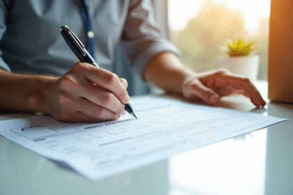 Personne remplissant un formulaire CN22 à un bureau lumineux