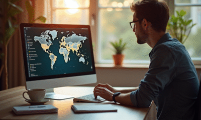 Personne analysant une carte du monde sur un ordinateur au bureau