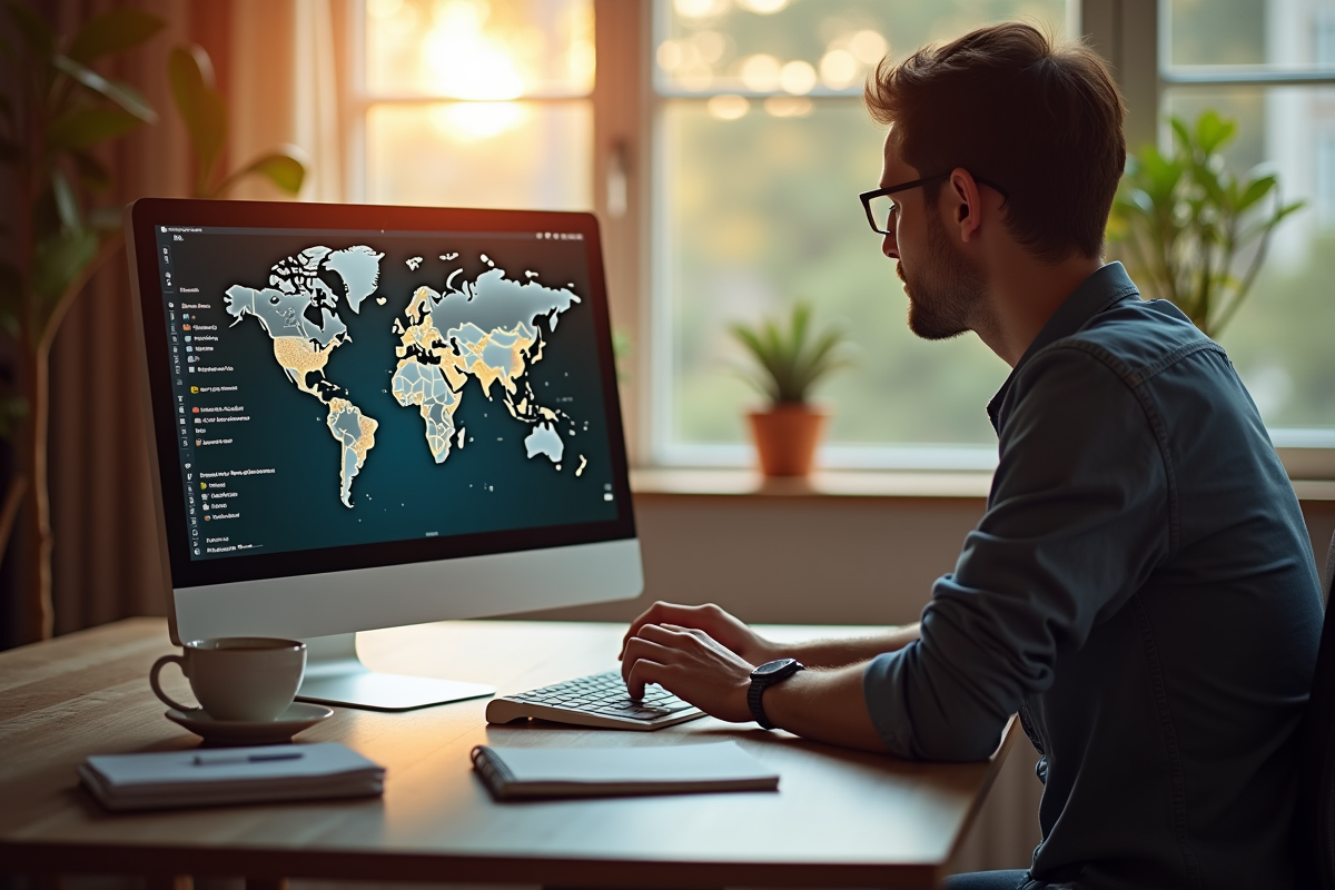 Personne analysant une carte du monde sur un ordinateur au bureau