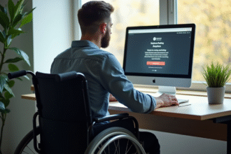 Personne en fauteuil face à un ordinateur avec message d'accessibilité
