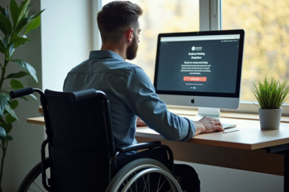 Personne en fauteuil face à un ordinateur avec message d'accessibilité