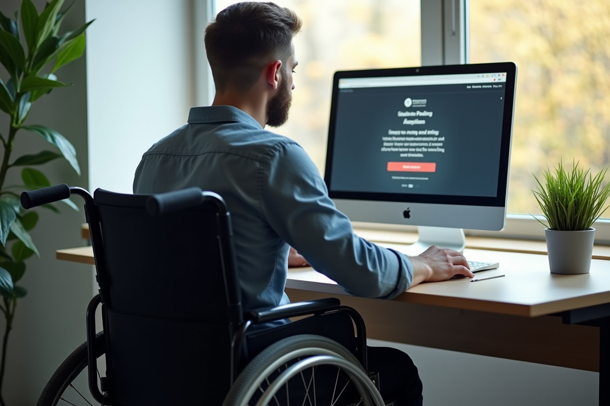 Personne en fauteuil face à un ordinateur avec message d'accessibilité