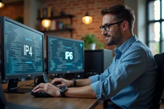 Homme professionnel IT au bureau avec écrans IPv4 et IPv6