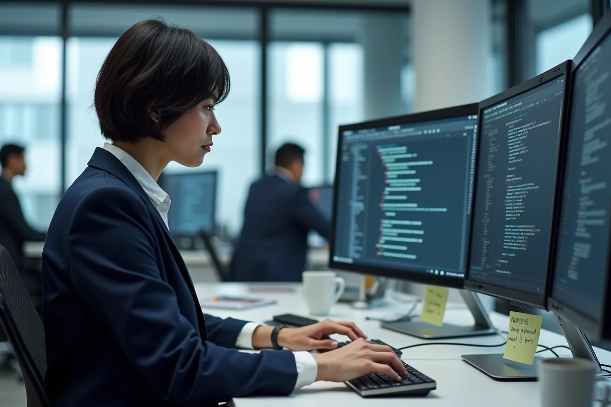 Professionnelle en cybersécurité analysant des tableaux de bord système sur deux écrans dans un bureau moderne