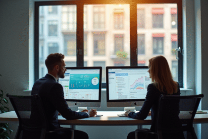 Deux professionnels au bureau comparant des tableaux de campagnes email