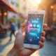 Main tenant un smartphone avec une publicité sociale vive