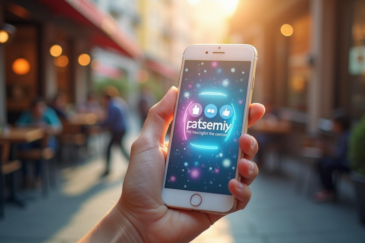Main tenant un smartphone avec une publicité sociale vive