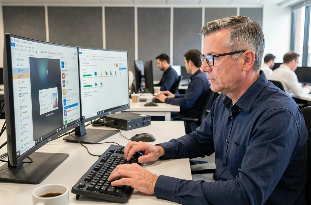 Homme utilisant des raccourcis sur un clavier AZERTY mécanique sous Windows 11 dans un bureau professionnel en open space