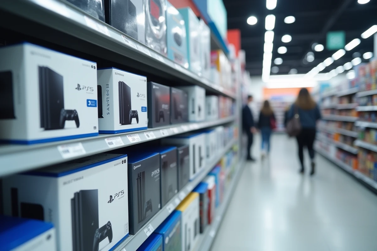 Rayons d'un magasin électronique présentant des consoles de jeux vidéo avec étiquettes de prix, évoquant le tarif attendu de la prochaine Xbox en 2026