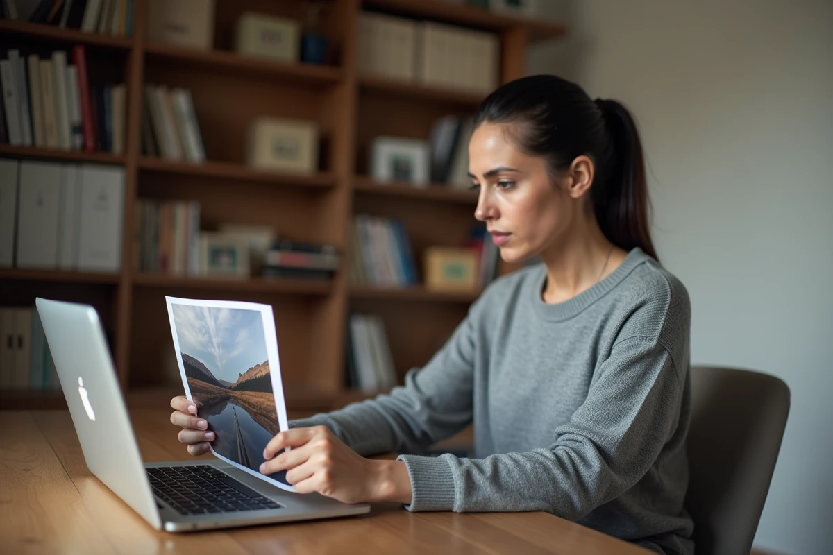 Femme consultant une photo imprimée pour effectuer une recherche d'image inversée sur son ordinateur portable