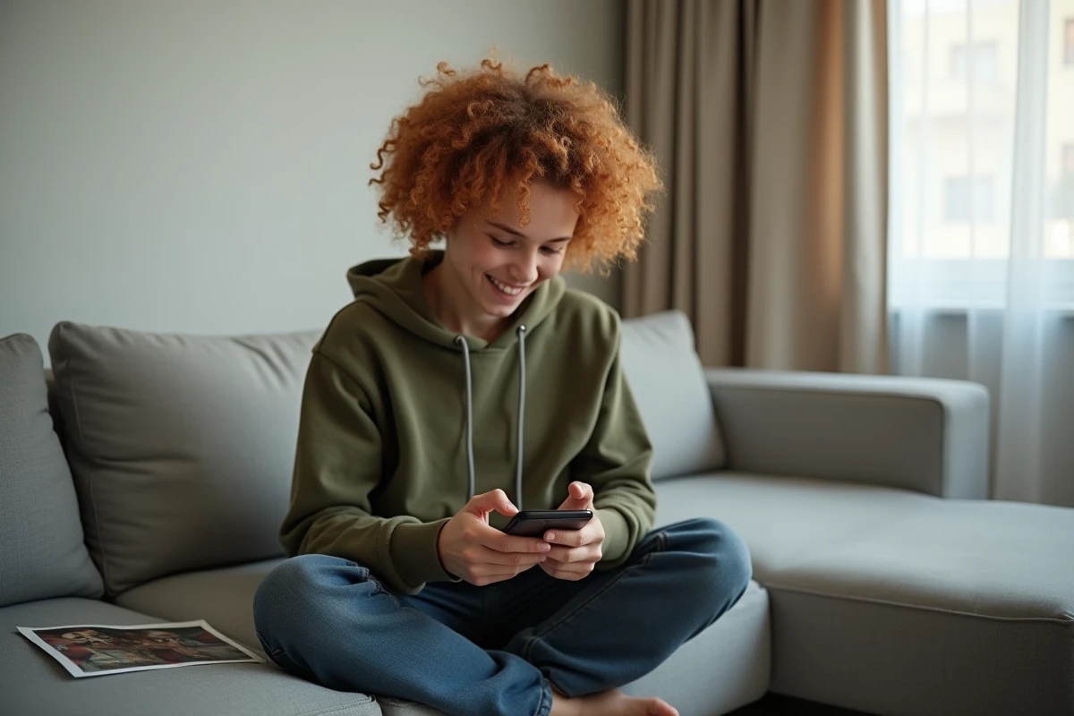 Jeune personne utilisant une application mobile de recherche d'image inversée pour retrouver des profils sur les réseaux sociaux