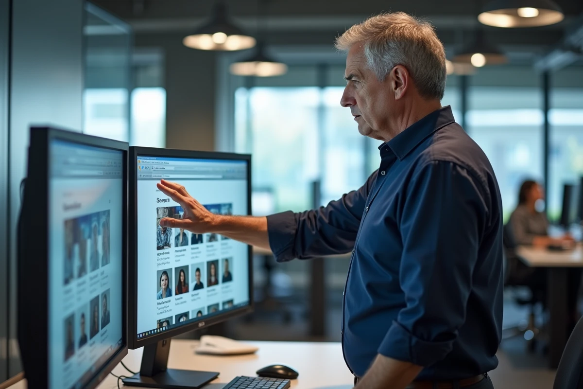 Homme en bureau professionnel réalisant une recherche inversée d'image sur un grand écran affichant des profils de réseaux sociaux