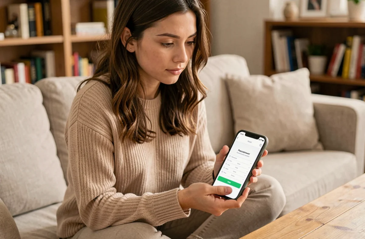 Jeune femme utilisant son smartphone pour récupérer l'accès à son compte Mel2Web depuis chez elle