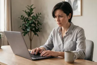 Femme frustrée devant son ordinateur portable essayant de récupérer un mot de passe oublié sur Mel2Web
