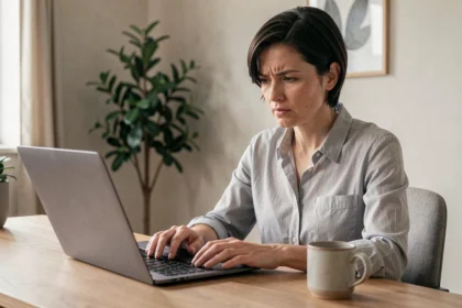 Femme frustrée devant son ordinateur portable essayant de récupérer un mot de passe oublié sur Mel2Web