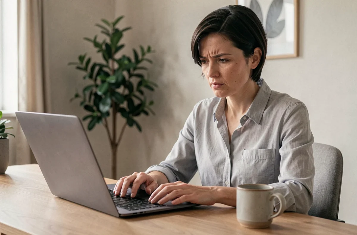 Femme frustrée devant son ordinateur portable essayant de récupérer un mot de passe oublié sur Mel2Web