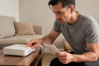 Homme redémarrant sa box internet en suivant les instructions pour corriger le code erreur S1 Bouygues