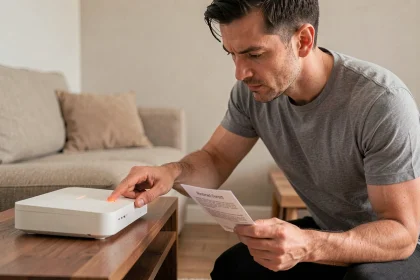Homme redémarrant sa box internet en suivant les instructions pour corriger le code erreur S1 Bouygues