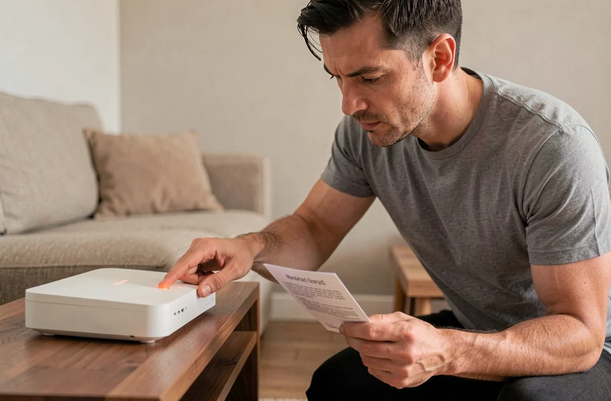 Homme redémarrant sa box internet en suivant les instructions pour corriger le code erreur S1 Bouygues