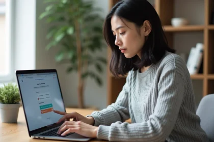 Femme configurant les paramètres de confidentialité Google Mon Activité sur un ordinateur portable dans un bureau à domicile moderne